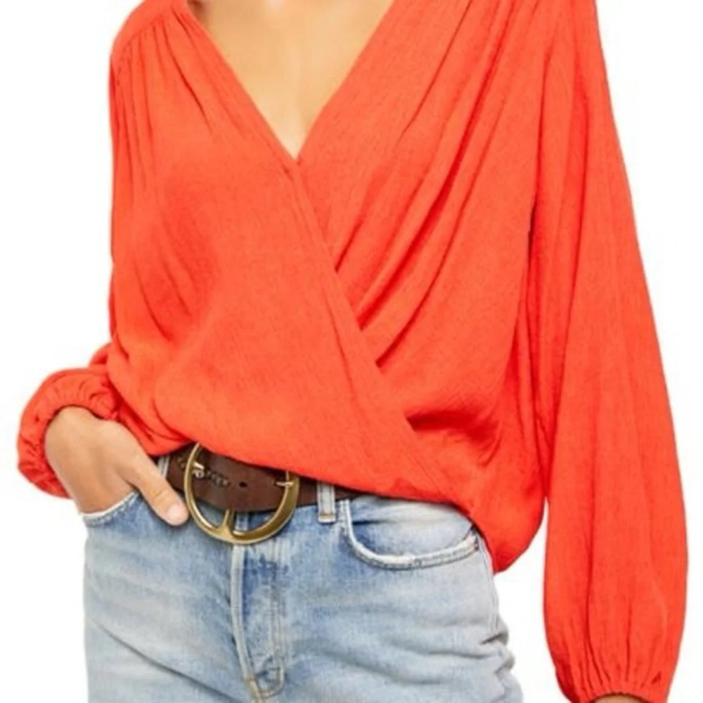 Free People Check On It Wrap Crinkle Crepe Blouse Top in Flame Red, size M